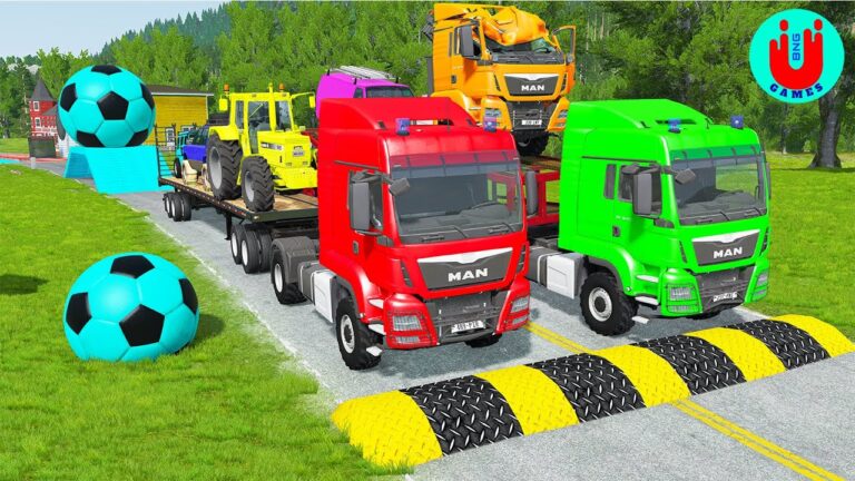 Double Flatbed Trailer Truck vs Speedbumps Train vs Cars |