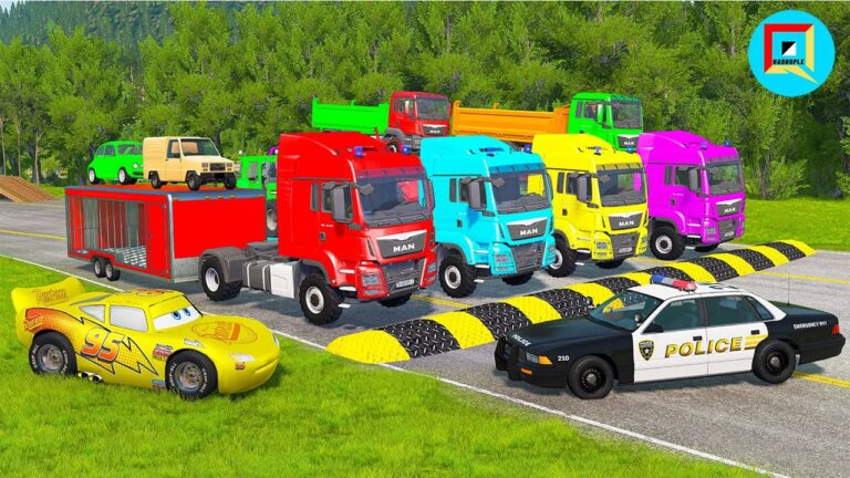 Quadruple Trucks Transporting cars with Flatbed Trailers | Cars vs