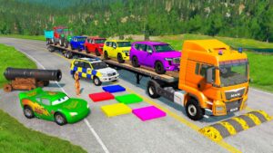 Flatbed Trailer McQueen Transportation with Truck - Speedbumps vs Cars