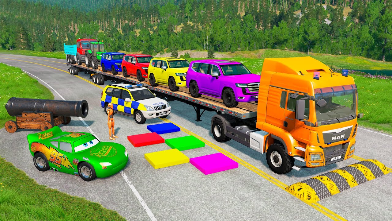 Flatbed Trailer McQueen Transportation with Truck - Speedbumps vs Cars