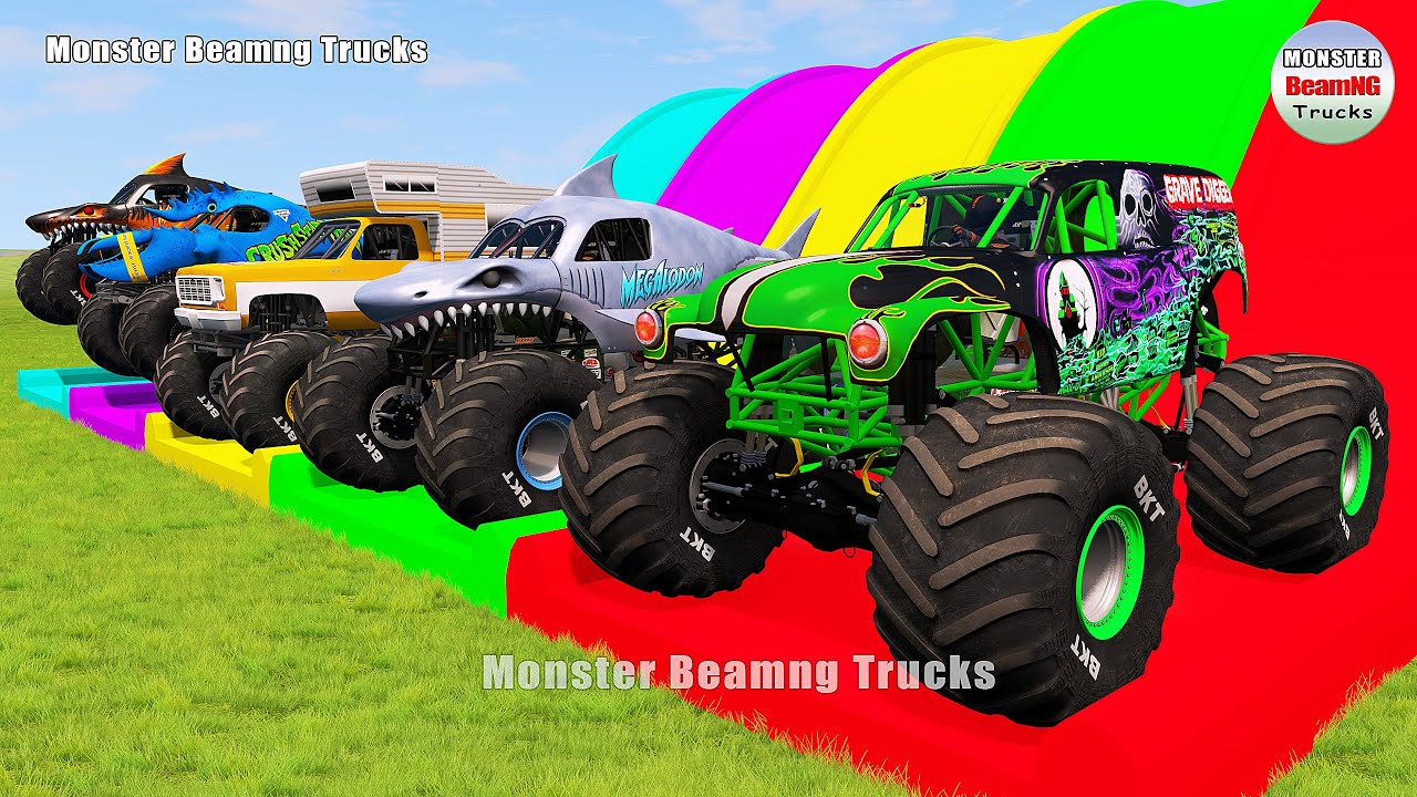 Triple Flatbed Trailer Monster Trucks Transport with Slide Color -