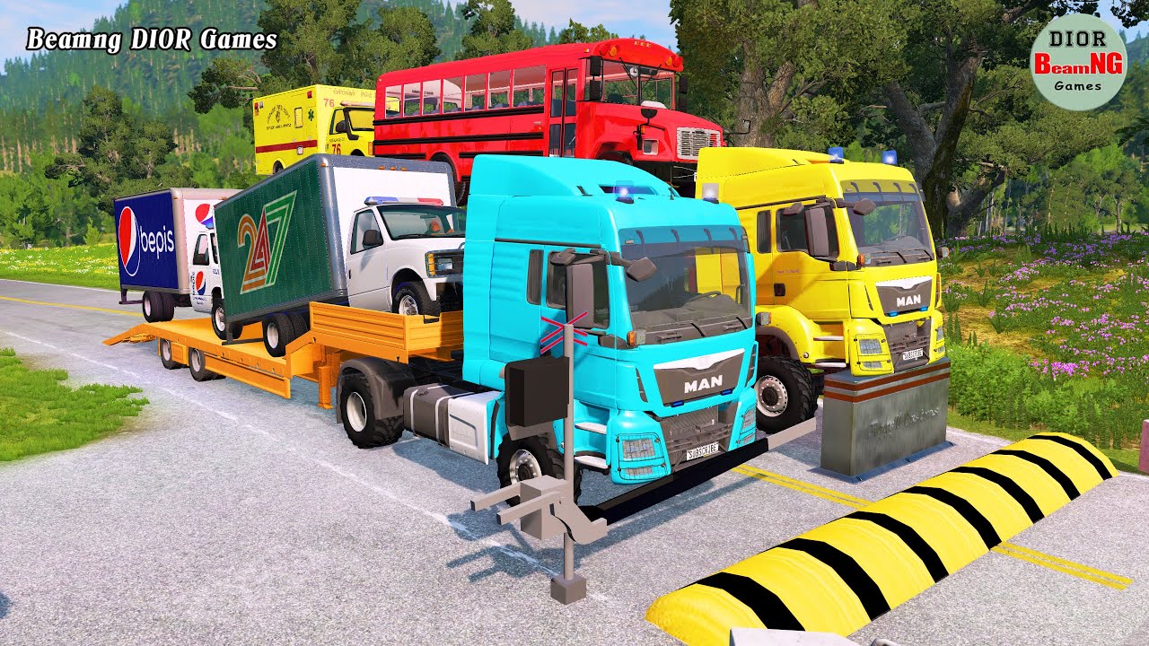 Double Flatbed Trailer Truck vs speed bumps|Busses vs speed bumps|Beamng