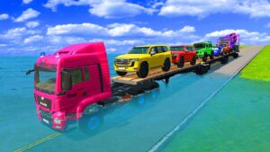 Triple Flatbed Trailer McQueen Transportation with Truck Speedbumps vs Cars