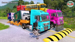 Double Flatbed Trailer Truck vs speed bumps|Busses vs speed bumps|Beamng