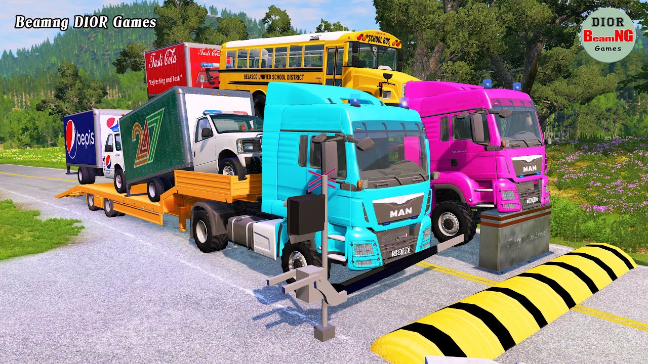 Double Flatbed Trailer Truck vs speed bumps|Busses vs speed bumps|Beamng