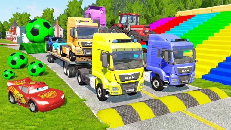 Flatbed Trailer McQueen Transportation with Truck - Speedbumps vs Cars