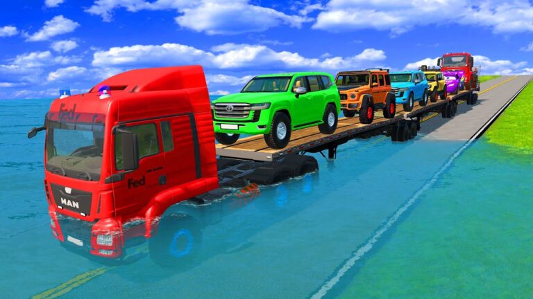 Triple Flatbed Trailer McQueen Transportation with Truck Speedbumps vs Cars