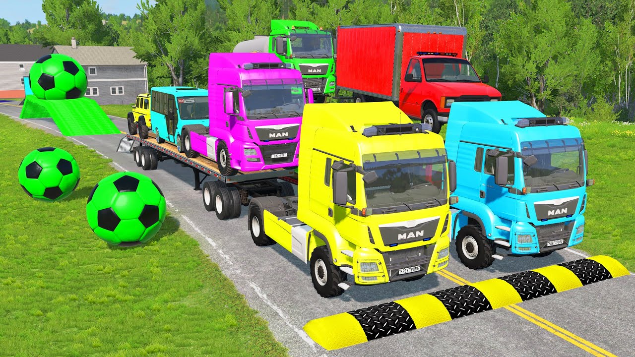 Triple Flatbed Trailer McQueen Transportation with Truck - Speedbumps vs