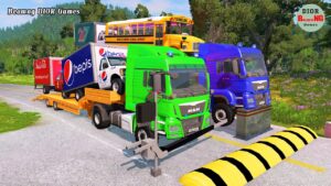Double Flatbed Trailer Truck vs speed bumps|Busses vs speed bumps|Beamng