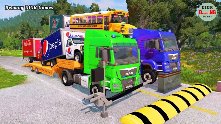 Double Flatbed Trailer Truck vs speed bumps|Busses vs speed bumps|Beamng
