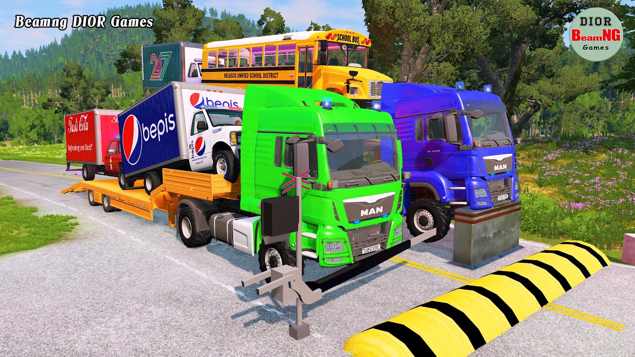 Double Flatbed Trailer Truck vs speed bumps|Busses vs speed bumps|Beamng