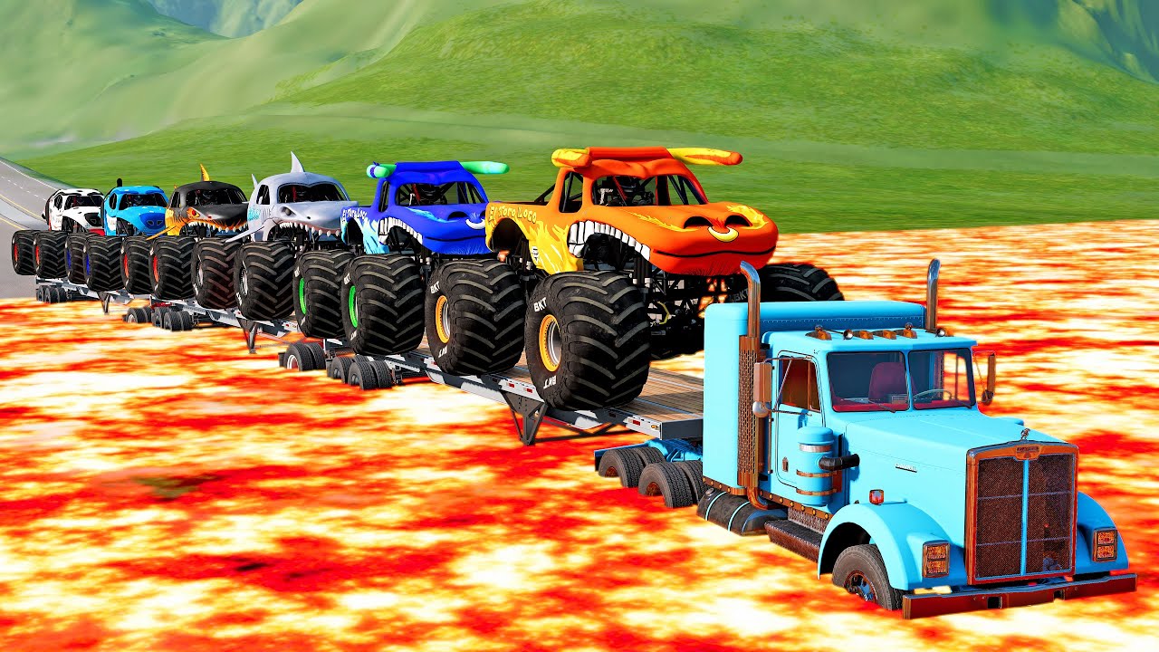 Flatbed Long Trailer Monster Trucks Transport Crossing Lava Truck Car