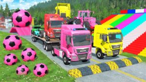 Flatbed Trailer McQueen Transportation with Truck - Speedbumps vs Cars