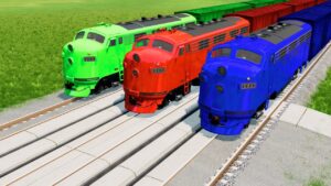 Triple Colorful Train Vs Red Vizor On Flatbed Trailer Vs