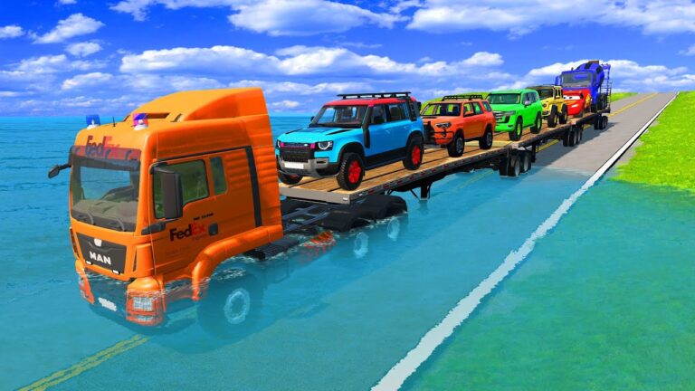 Triple Flatbed Trailer McQueen Transportation with Truck Speedbumps vs Cars