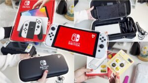 unboxing white nintendo switch oled model + cute accessories +