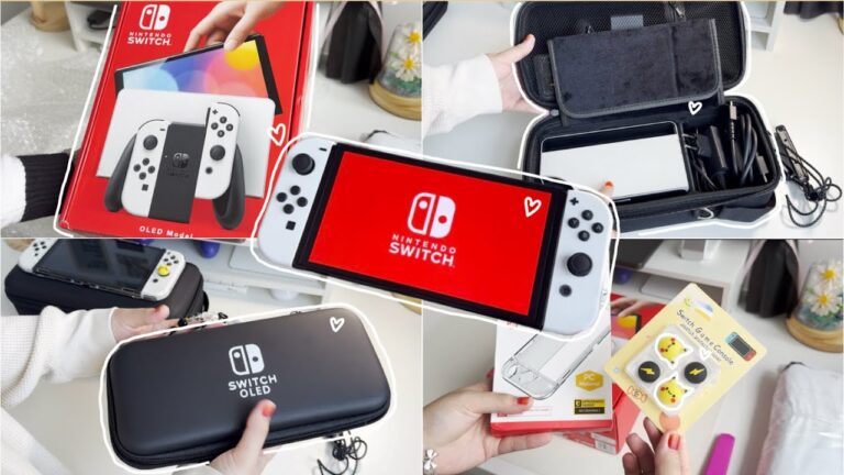 unboxing white nintendo switch oled model + cute accessories +