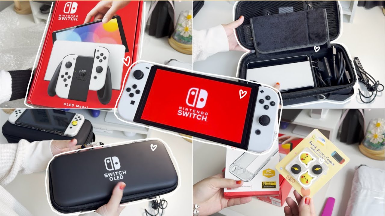 unboxing white nintendo switch oled model + cute accessories +