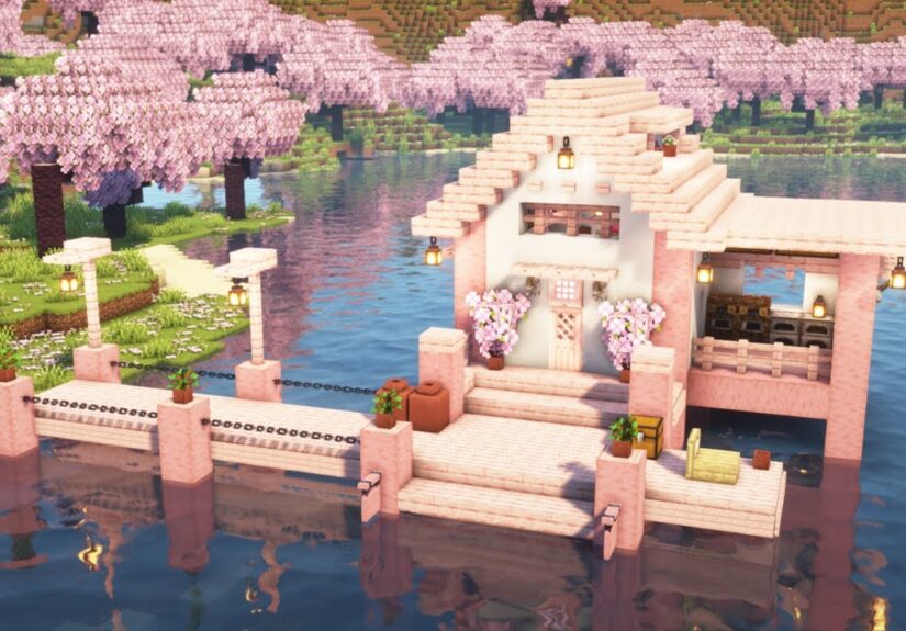 [Minecraft] How to Build a Cherry Blossom Fishing Dock /