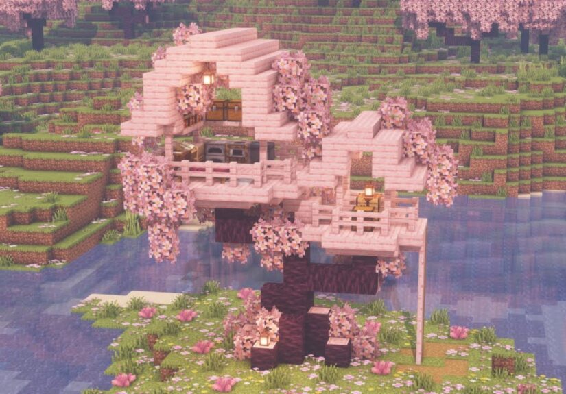 [Minecraft] How to Build a Cute Cherry Blossom Tree House
