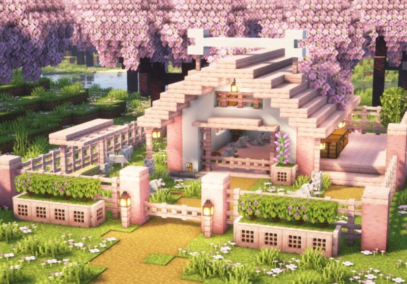 [Minecraft] How to Build a Cute Cherry Blossom Dog House